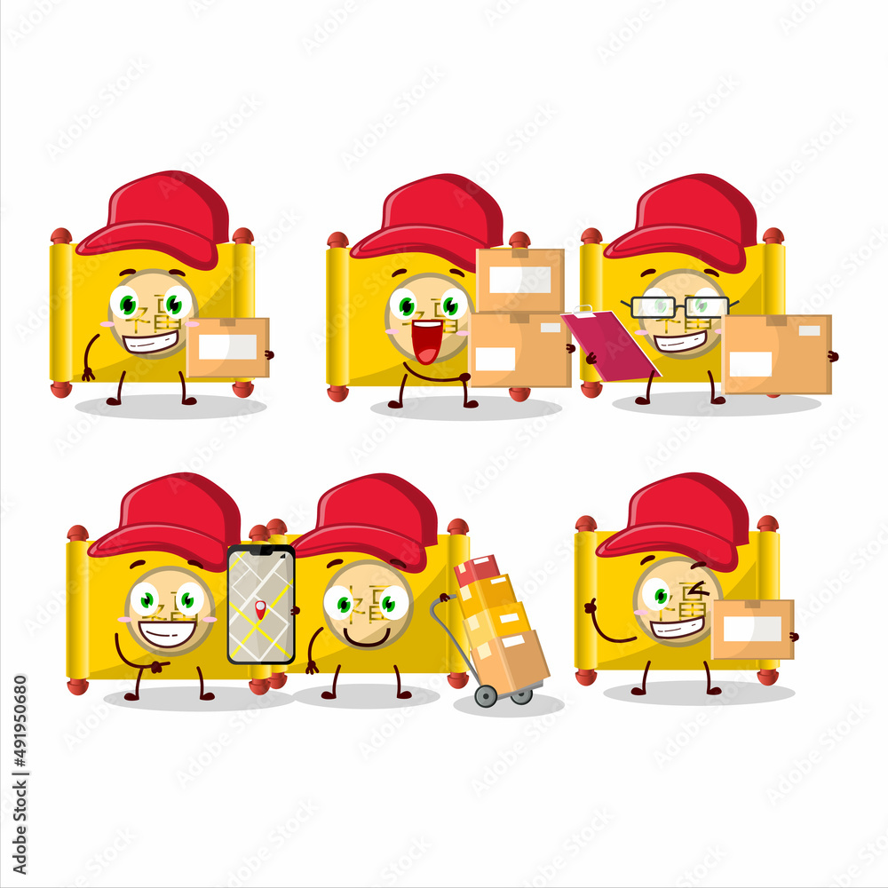 Cartoon character design of yellow paper roll chinese working as a courier Cartoon character design of yellow paper roll chinese working as a courier