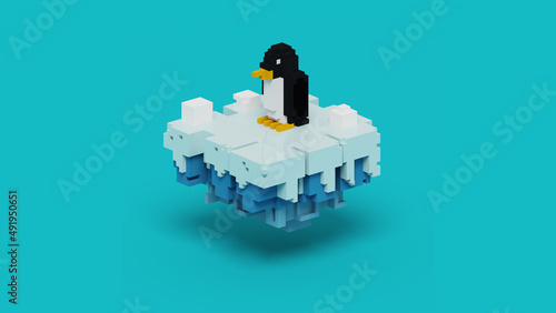 3D rendering of voxel penguin on floating snow island illustration. Using black, orange, white and blue color scheme.