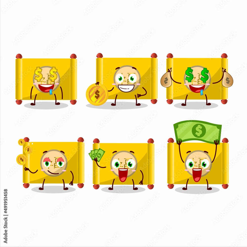 Yellow paper roll chinese cartoon character with cute emoticon bring money Yellow paper roll chinese cartoon character with cute emoticon bring money