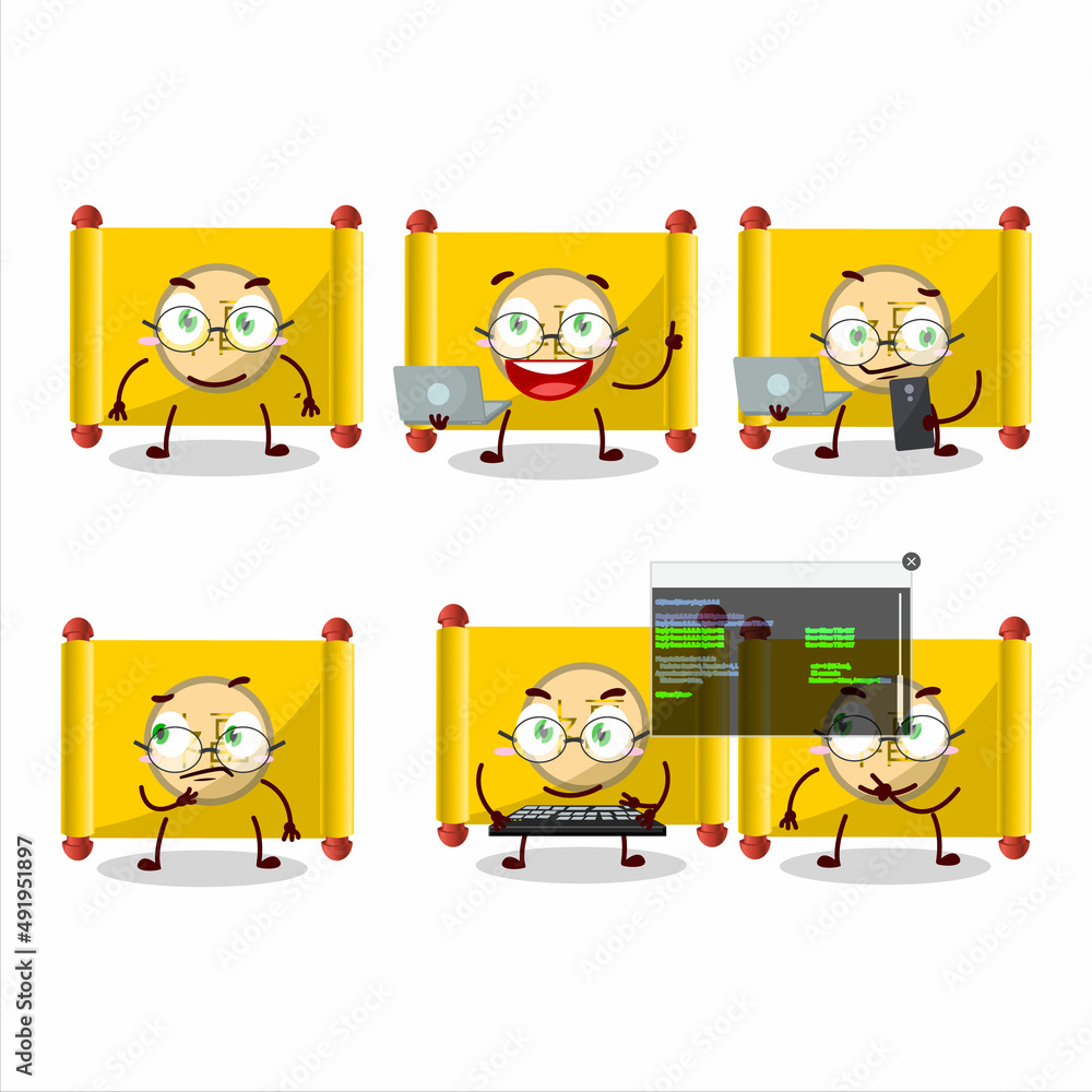 Yellow paper roll chinese Programmer cute cartoon character with Yellow paper roll chinese Programmer cute cartoon character with
