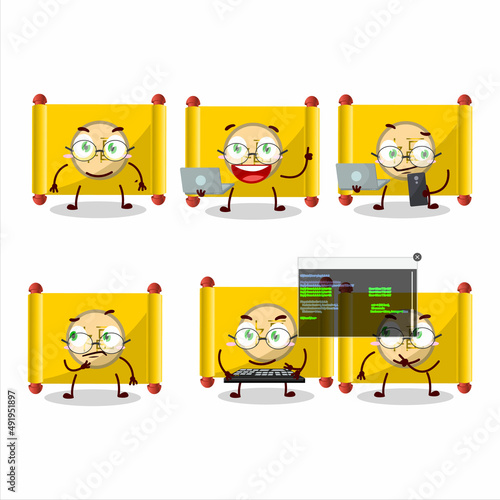 Yellow paper roll chinese Programmer cute cartoon character with