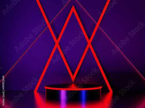 Illuminated 3D cylender or stage podium with realistic red geometric pattern neon light and blue wall as background 3D render photo