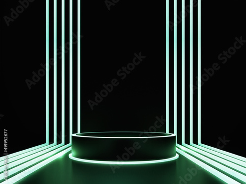 Illuminated 3D cylender or stage podium with realistic green rectangle neon lights background 3D render photo