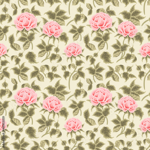 Vintage spring and summer peach garden rose flower vector seamless pattern illustration arrangements for fabric, floral prints, textile, gift wrapping paper, feminine brand and beauty products