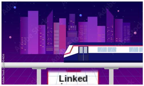 BTS Sky train in cityscape buildings at night vector Illustration. Transportation concept