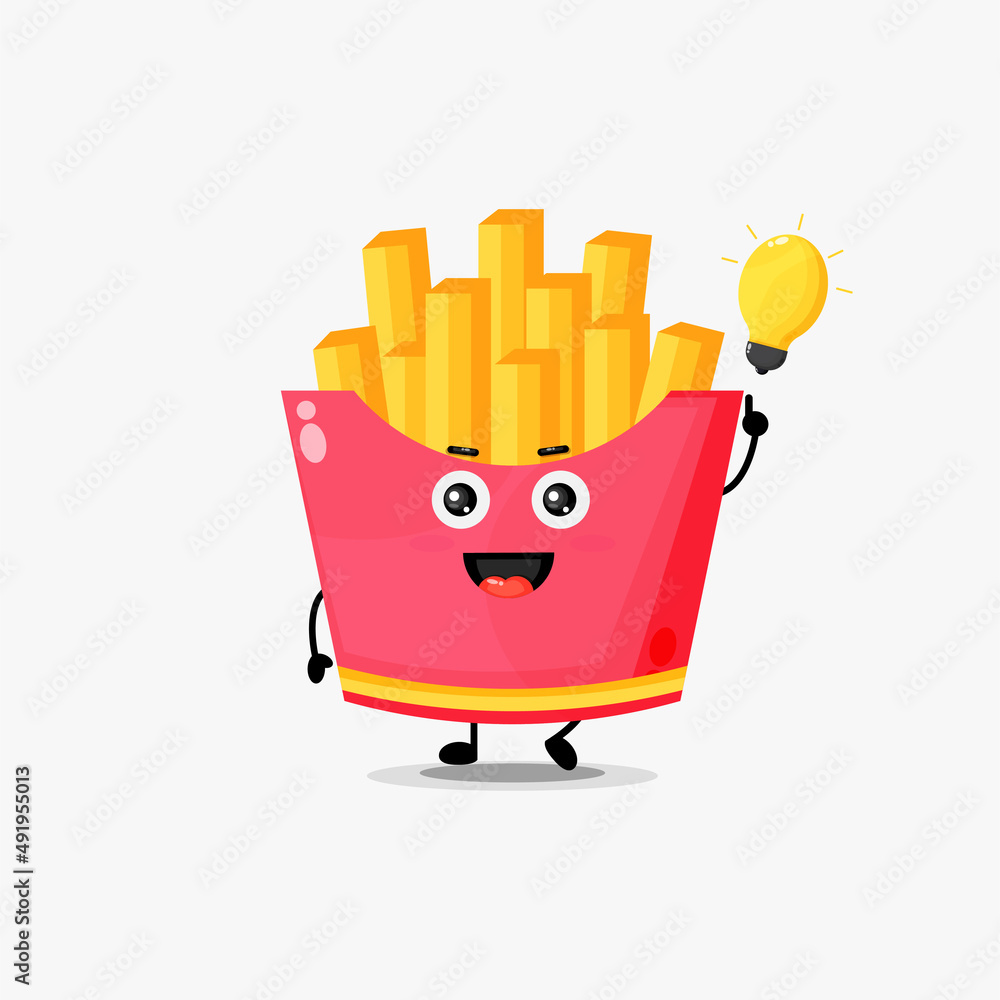 Cute french fries character with light bulb idea Cute french fries character with light bulb idea