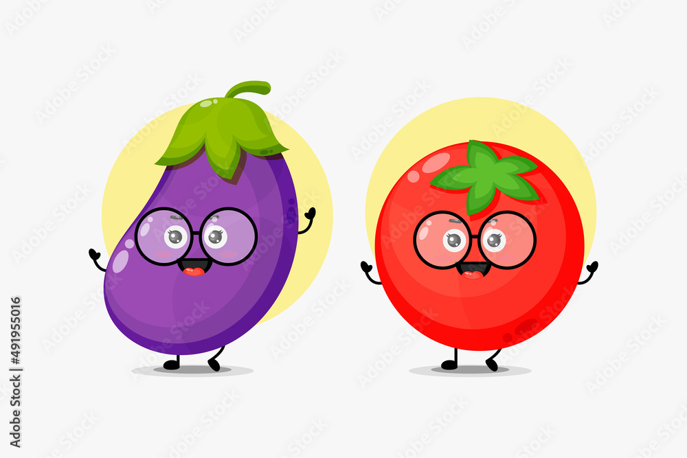 Cute eggplant and tomato character wearing glasses