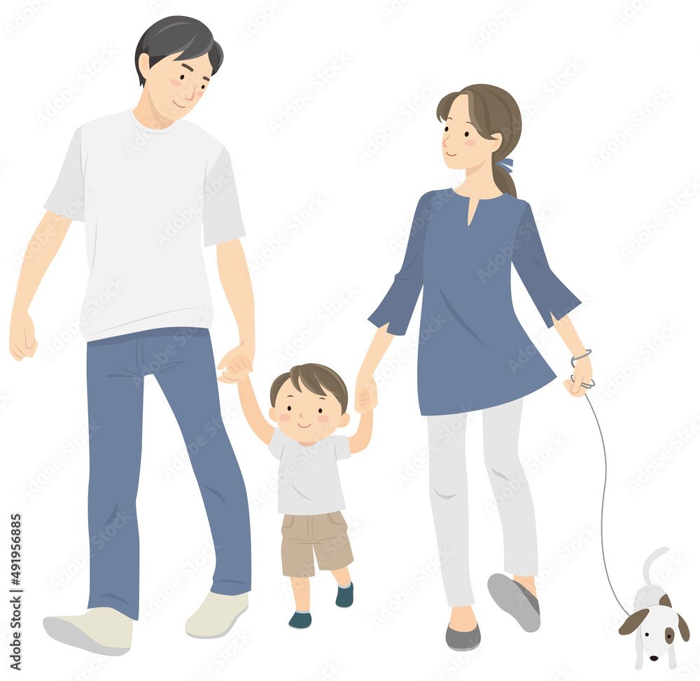 Parents and children taking a walk with their dog Parents and children taking a walk with their dog