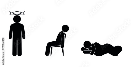 set of icons, a person is ill, illustration of dizziness, weakness, fainting, stick man pictogram on a white background