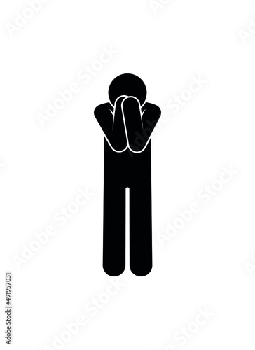 stick figure illustration, man crying, grief and problems, isolated vector on white
