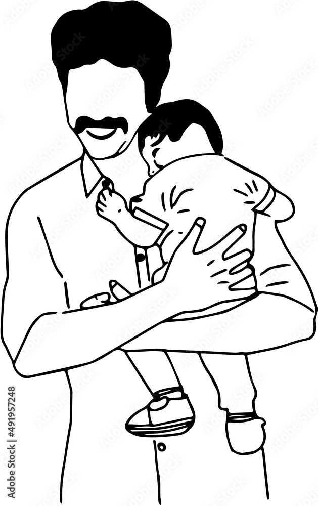Line art illustration of father holding baby, Outline sketch of father and son
