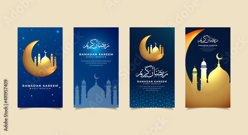Ramadhan kareem design Stories Collection. Ramadhan kareem template stories suitable for promotion, marketing etc. Celebration ramadan kareem background with shinny crescent moon and mosque silhouette photo