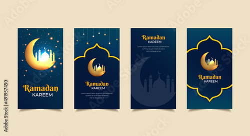 Happy ramadan kareem background with golden crescent moon and mosque silhouette. Ramadhan kareem design Stories Collection. Ramadhan kareem template stories suitable for promotion, marketing etc. 