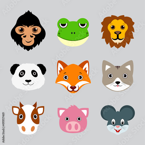 Fototapeta Naklejka Na Ścianę i Meble -  Collection of animal face cartoon design. Pack of animal cartoon design icon concept. Set of animal face character.