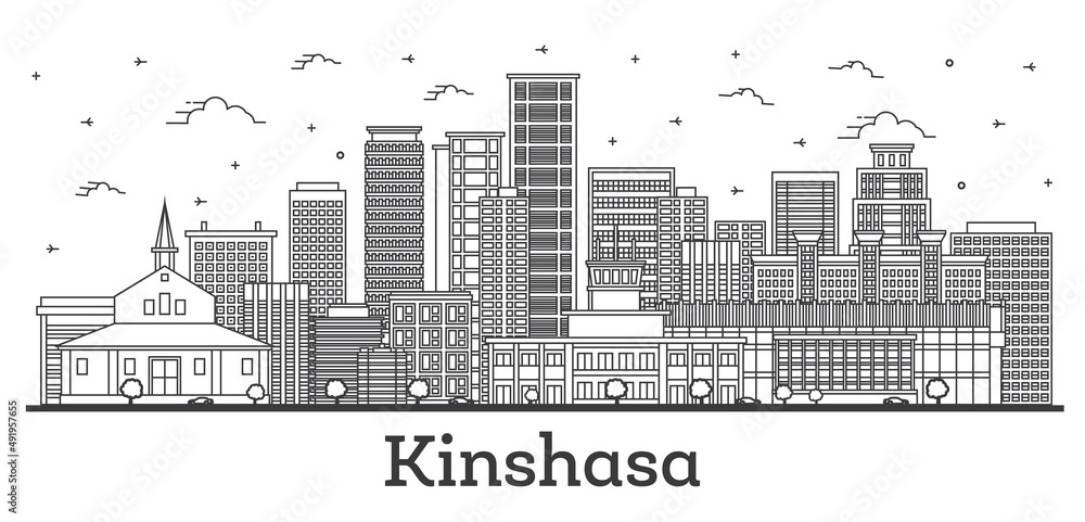 Outline Kinshasa Congo City Skyline with Modern and Historic Buildings Isolated on White. Outline Kinshasa Congo City Skyline with Modern and Historic Buildings Isolated on White.