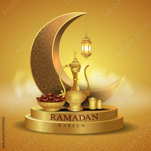 Eid Mubarak and Ramadan Kareem beautiful greetings. golden lamp hanging in crescent golden background .vector illustration design	