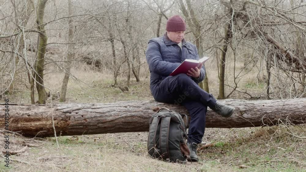 a traveler reads a book with interest in the forest sitting on a fallen pine tree a traveler reads a book with interest in the forest sitting on a fallen pine tree