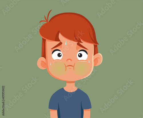 Ill Little Boy Feeling Sick and Nauseated Vector Illustration