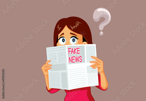 Woman Reading Newspaper Having Inquiries Vector Cartoon Illustration