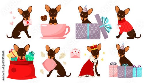 A set of funny dogs on a white background.. Toy terrier. Cartoon design.