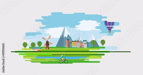 countryside scenery 2danimation cartoon train air baloon photo