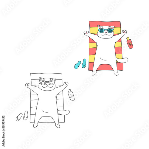 Coloring page with cute cat. Summer illustration of funny cat sunbathing on a striped beach towel. Vector 10 EPS.