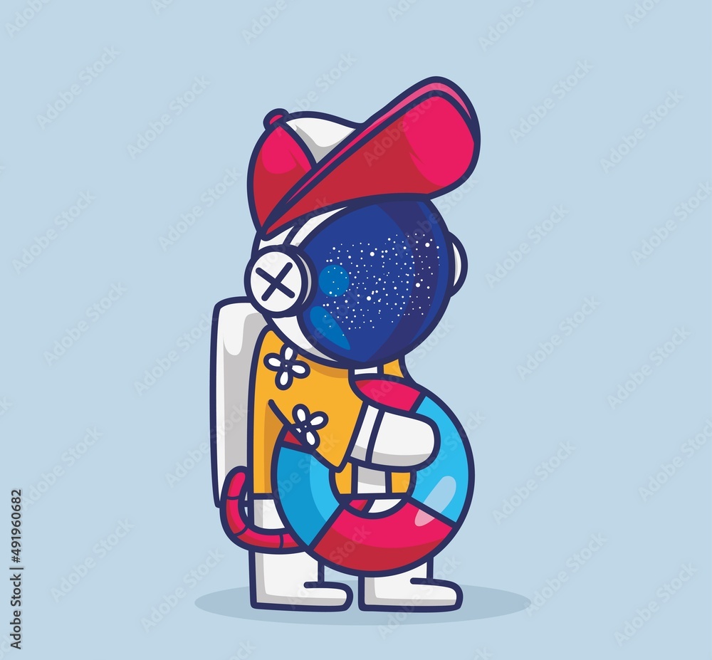 cute astronaut bring lifebuoy ban. cartoon travel holiday vacation summer concept Isolated illustration. Flat Style suitable for Sticker Icon Design Premium Logo vector. Mascot Character