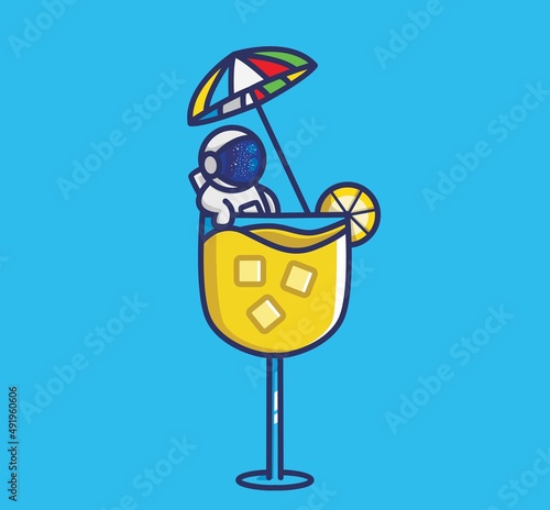 cute astronaut take a bath on juice glass lemon. cartoon travel holiday vacation summer concept Isolated illustration. Flat Style suitable for Sticker Icon Design Premium Logo vector. Mascot Character