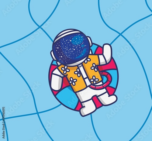 cute astronaut swim in private pool with lifebuoy. cartoon travel holiday vacation summer concept Isolated illustration. Flat Style suitable for Sticker Icon Design Premium Logo vector.