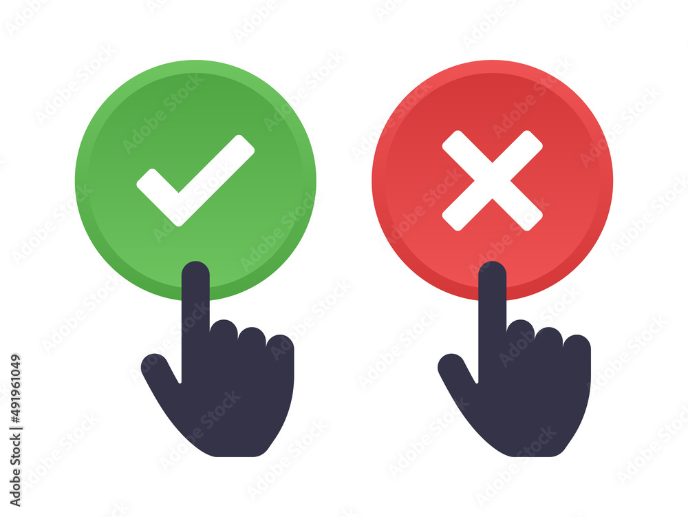 Hand pointing on push button icon set. Correct and wrong button