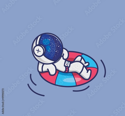 Cute illustration astronaut in the ocean using a lifebuoy ring. Cartoon flat style icon premium vector logo mascot suitable for web design banner character