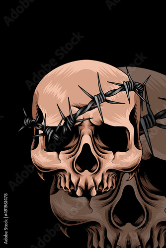 Skull with barbed wire vector illustration