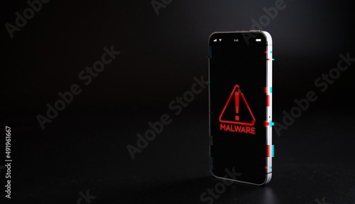 Fototapeta Naklejka Na Ścianę i Meble -  Hacker security cyber attack smartphone. Digital mobile phone isolated on black. Internet web hack technology. Login and password, cybersecurity banner concept.