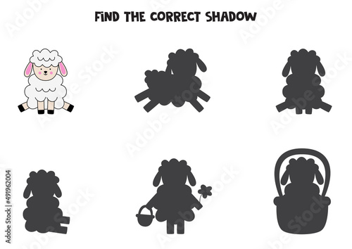 Find the correct shadows of cute Easter lamb. Logical puzzle for kids.