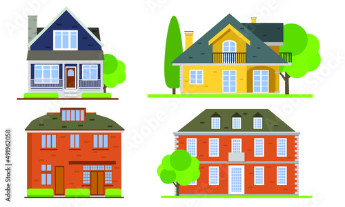 Houses exterior vector illustration front view with roof. Modern. Townhouse building apartment. Home facade with doors and windows.