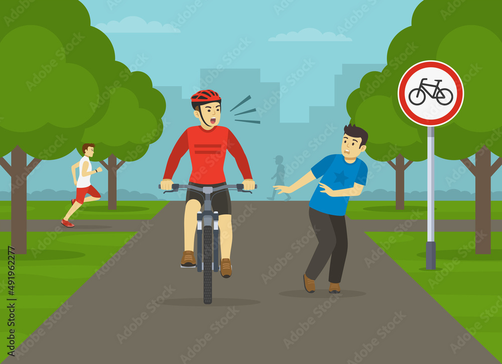 Pedestrian safety and bicycle driving rules. Young male pedestrian about to be hit by an angry cyclist. No bikes are allowed traffic sign in a city park. Flat vector illustration template. Pedestrian safety and bicycle driving rules. Young male pedestrian about to be hit by an angry cyclist. No bikes are allowed traffic sign in a city park. Flat vector illustration template.
