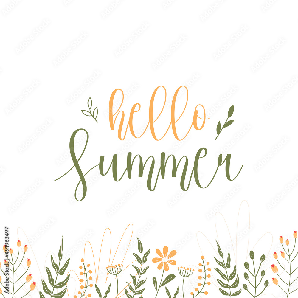 Hello, summer, lettering. Banner, summer flowers and plants, leaves. Flower illustration. Pink and white flowers, green leaves, pink inscription Hello, summer, lettering. Banner, summer flowers and plants, leaves. Flower illustration. Pink and white flowers, green leaves, pink inscription