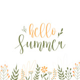 Hello, summer, lettering. Banner, summer flowers and plants, leaves. Flower illustration. Pink and white flowers, green leaves, pink inscription