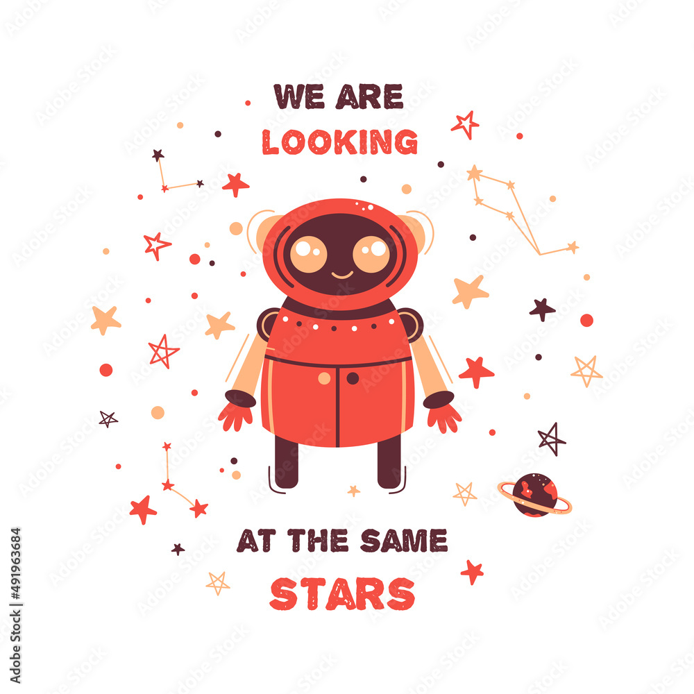 Cute children's vector illustration. Space and the universe, rocket, astronaut, constellations and planets. Robot