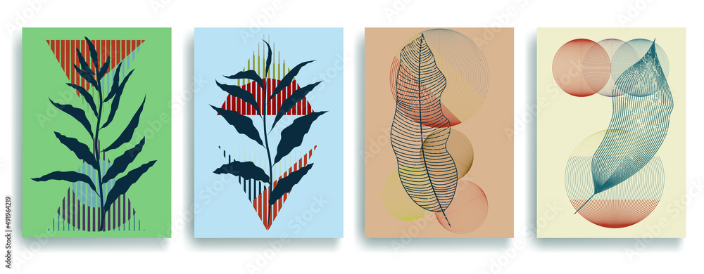 Modern wallpaper with minimalist design elements . Botanical art. Backgrounds in Boho style  . Wall art , home deco . Contemporary posters with leaves and geometric shapes .Vector abstract wallpaper.