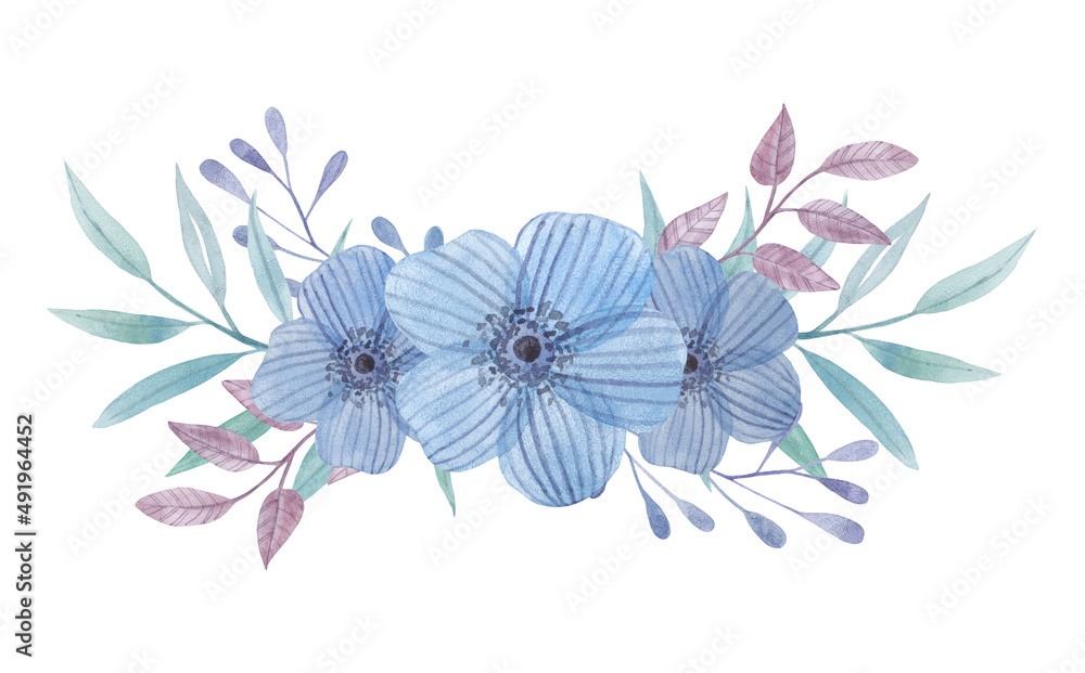 Watercolor bouquets in light blue tones, delicate flowers, leaves and grass. Isolated on white background.