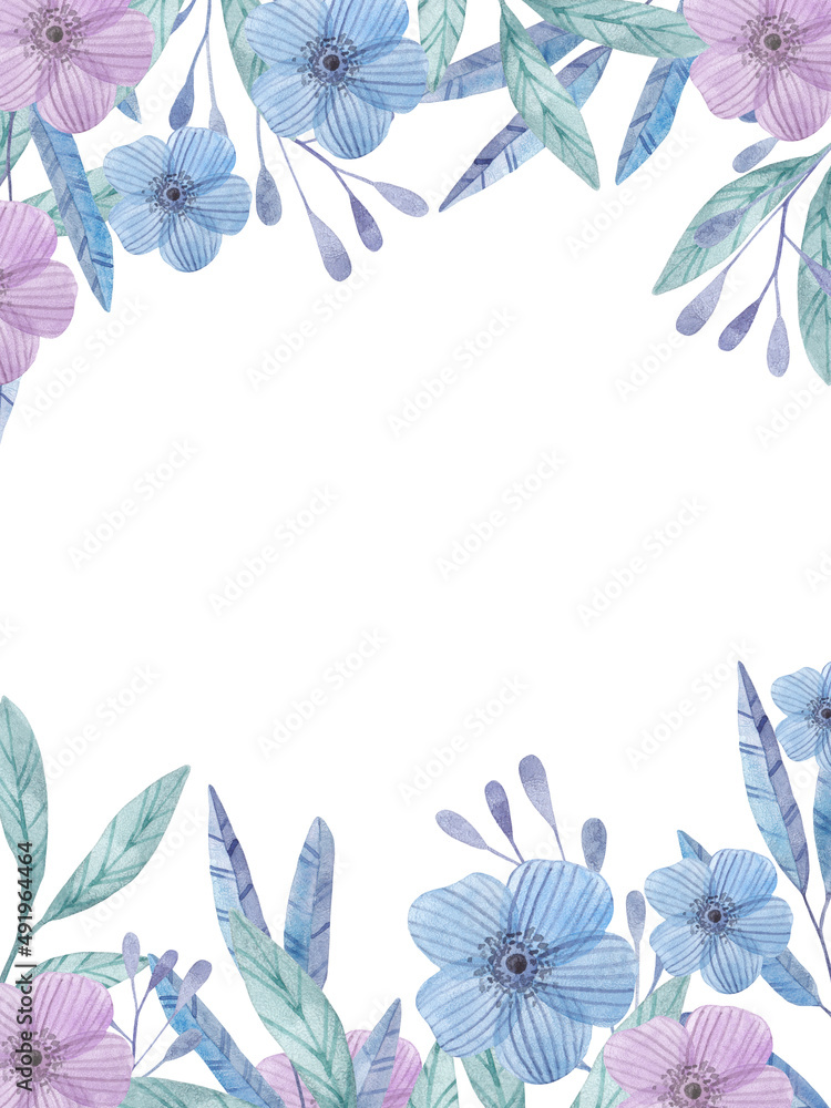 Frame with watercolor blue,pink flowers and green leaves on white background Frame with watercolor blue,pink flowers and green leaves on white background