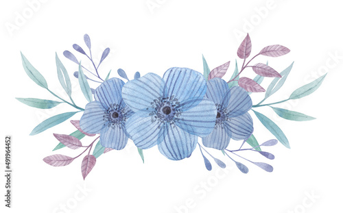 Watercolor bouquets in light blue tones, delicate flowers, leaves and grass. Isolated on white background. © Лилия Черепанова