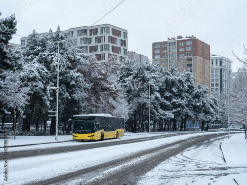 Canvas Print empty street in a snowy day, front view