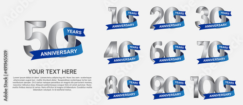 set anniversary logotype premium collection silver color with blue ribbon isolated on white background