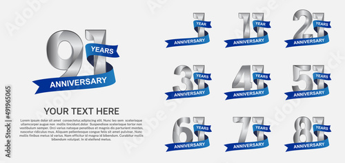 set anniversary logotype premium collection silver color with blue ribbon isolated on white background