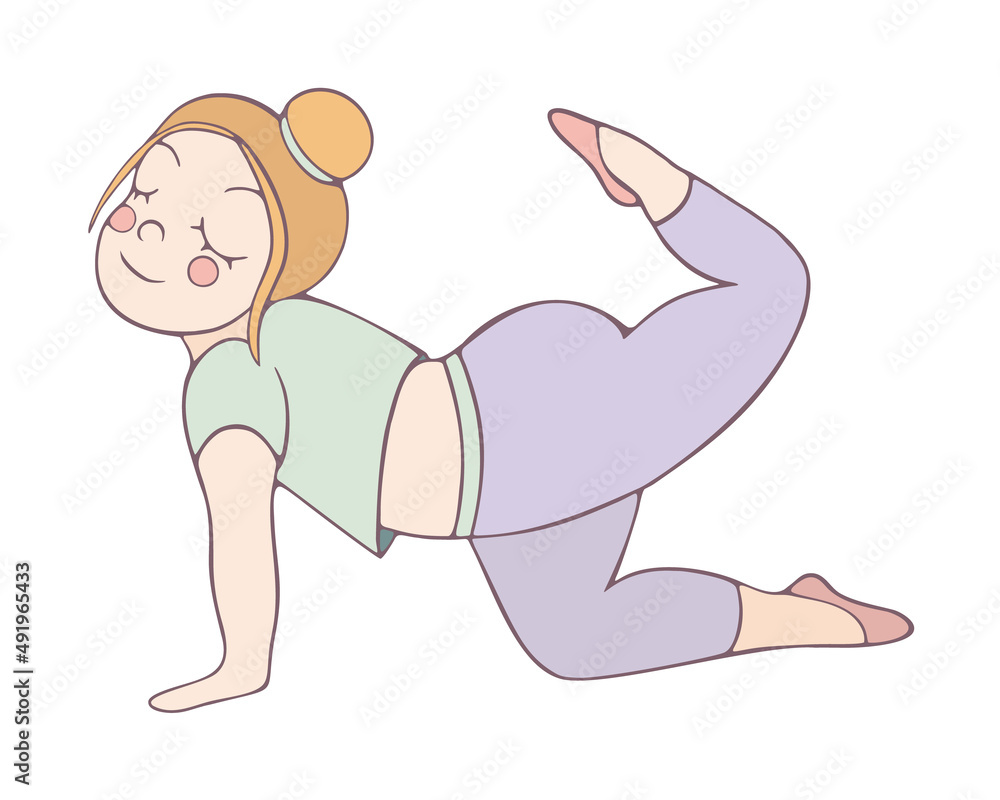 Young girl doing gymnastics. Handstand leg up. Yoga, relaxation. Pastel colors, cartoon drawing. Flat illustration isolated on white background. Young girl doing gymnastics. Handstand leg up. Yoga, relaxation. Pastel colors, cartoon drawing. Flat illustration isolated on white background.