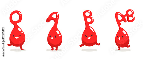Cute happy blood drop with O A B AB group sign characters set. Flat vector of human blood group types isolated on white background. Lively Blood types in different gestures. Red blood mascot design.