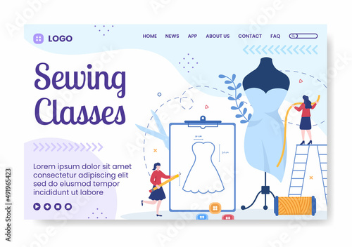 Sewing or Tailor Classes Landing Page Template Flat Illustration Editable of Square Background Suitable for Social media, Greeting Card and Web Internet
