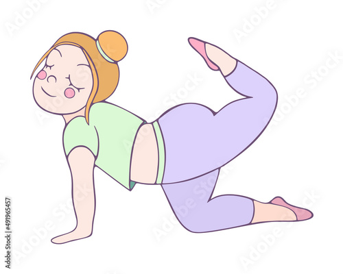 Young girl doing gymnastics. Handstand leg up. Yoga, relaxation. Pastel colors, vector, cartoon drawing. Flat vector illustration isolated on white background.